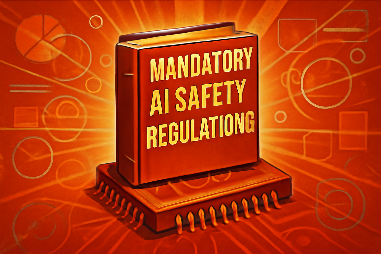 A futuristic server room with holographic safety icons representing government oversight and AI regulation.
