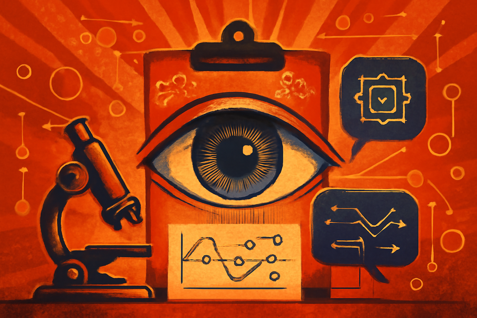 A digital tablet showing a detailed anatomical eye diagram in a clinical laboratory setting with a blurred researcher in the background.