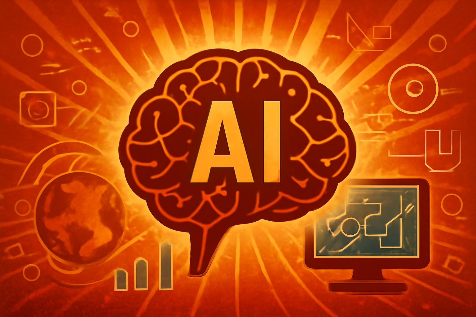 A digital representation of a glowing artificial intelligence brain integrated with green leaves and a global network map, symbolizing sustainable technology.