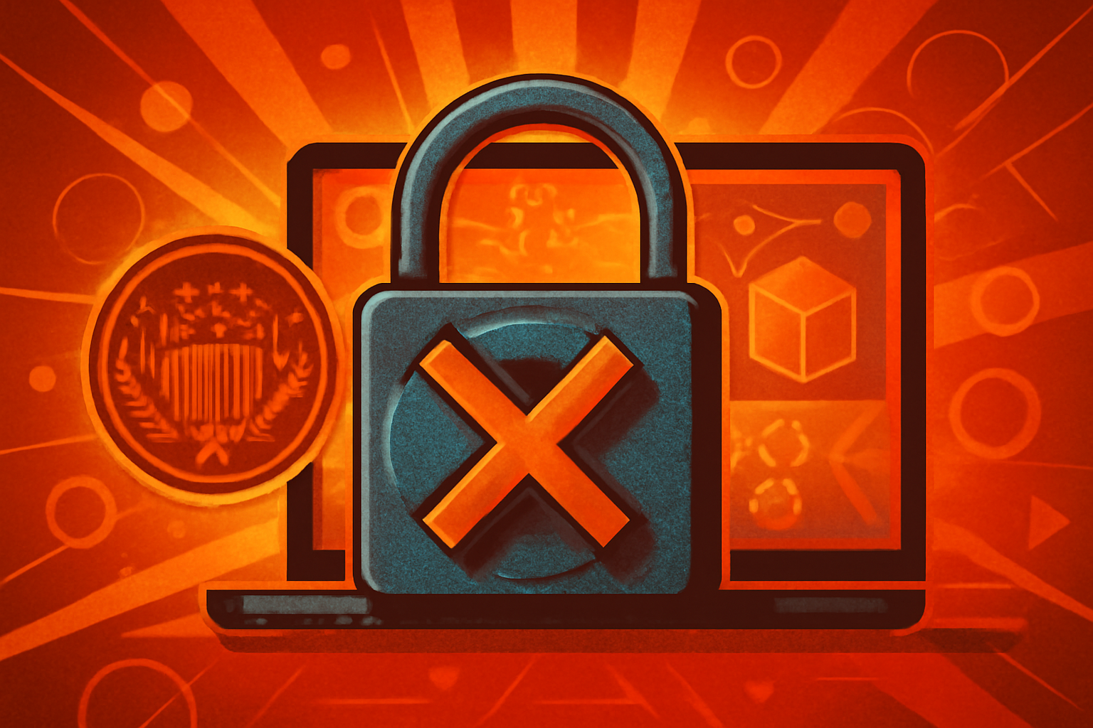 A digital padlock icon overlaid on a futuristic server room representing the US government's suspension of Anthropic's latest AI models.