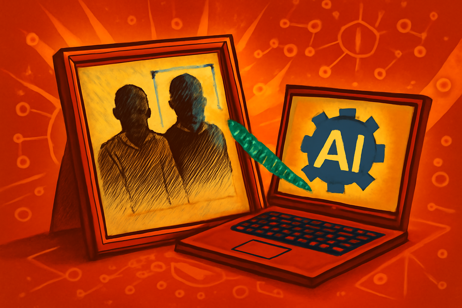 A courtroom artist's sketch on a desk next to a digital screen showing AI tools modifying the image to look more menacing.