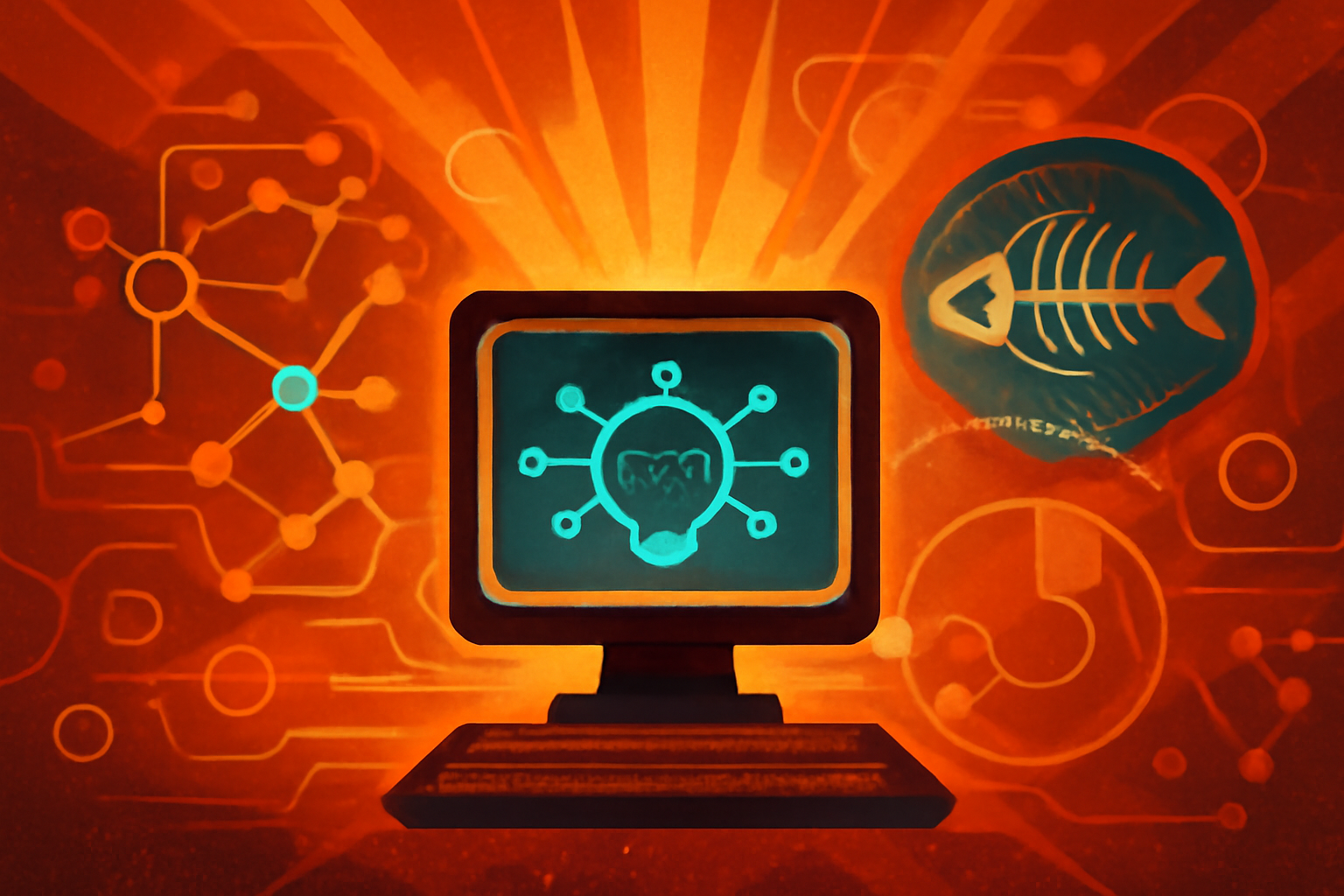 A digital illustration showing a fossilized creature connected to a glowing blue neural network, symbolizing the use of AI in evolutionary biology.