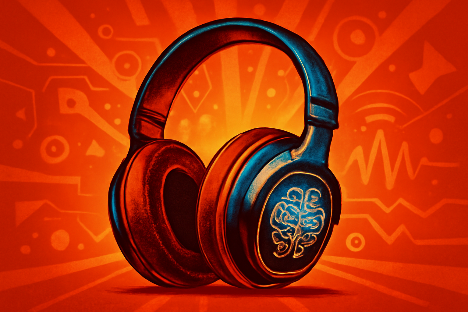 A person wearing gray over-ear headphones in a crowded, out-of-focus cafe, illustrating new AI noise-filtering technology.