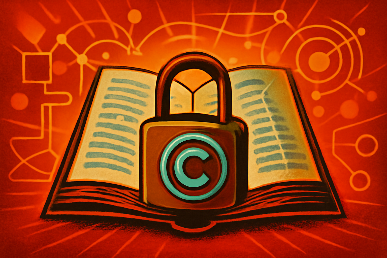 A digital illustration showing a glowing blue neural network connecting to an open book, symbolizing open-source AI transparency and the new copyleft proposal.