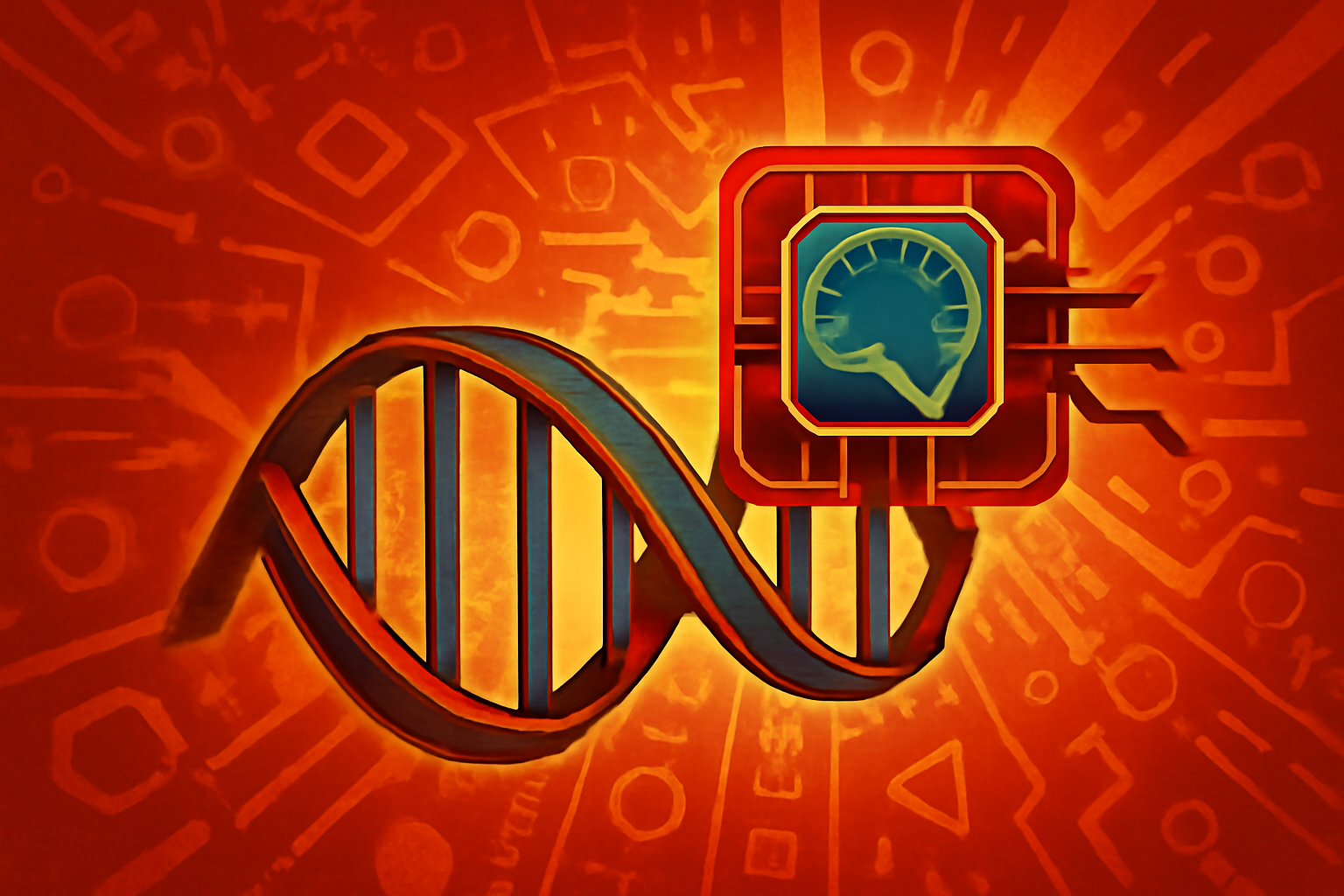 A digital illustration showing a DNA strand with glowing connections representing an AI neural network, overlaid on a background of green leaves.