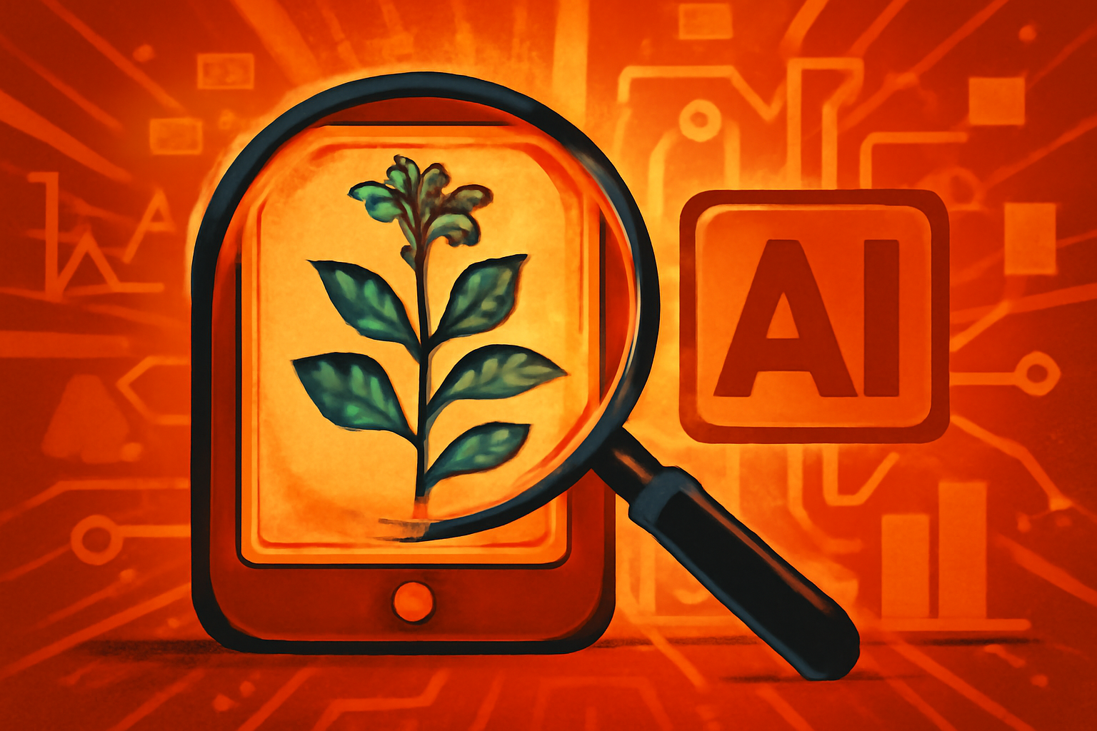 A botanist uses a digital tablet to analyze a rare orchid in a lush greenhouse, illustrating the use of AI in plant conservation.