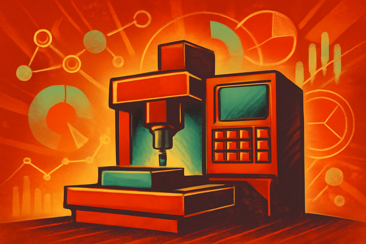 A digital representation of AI data overlaid on a modern CNC manufacturing machine in a clean industrial facility.