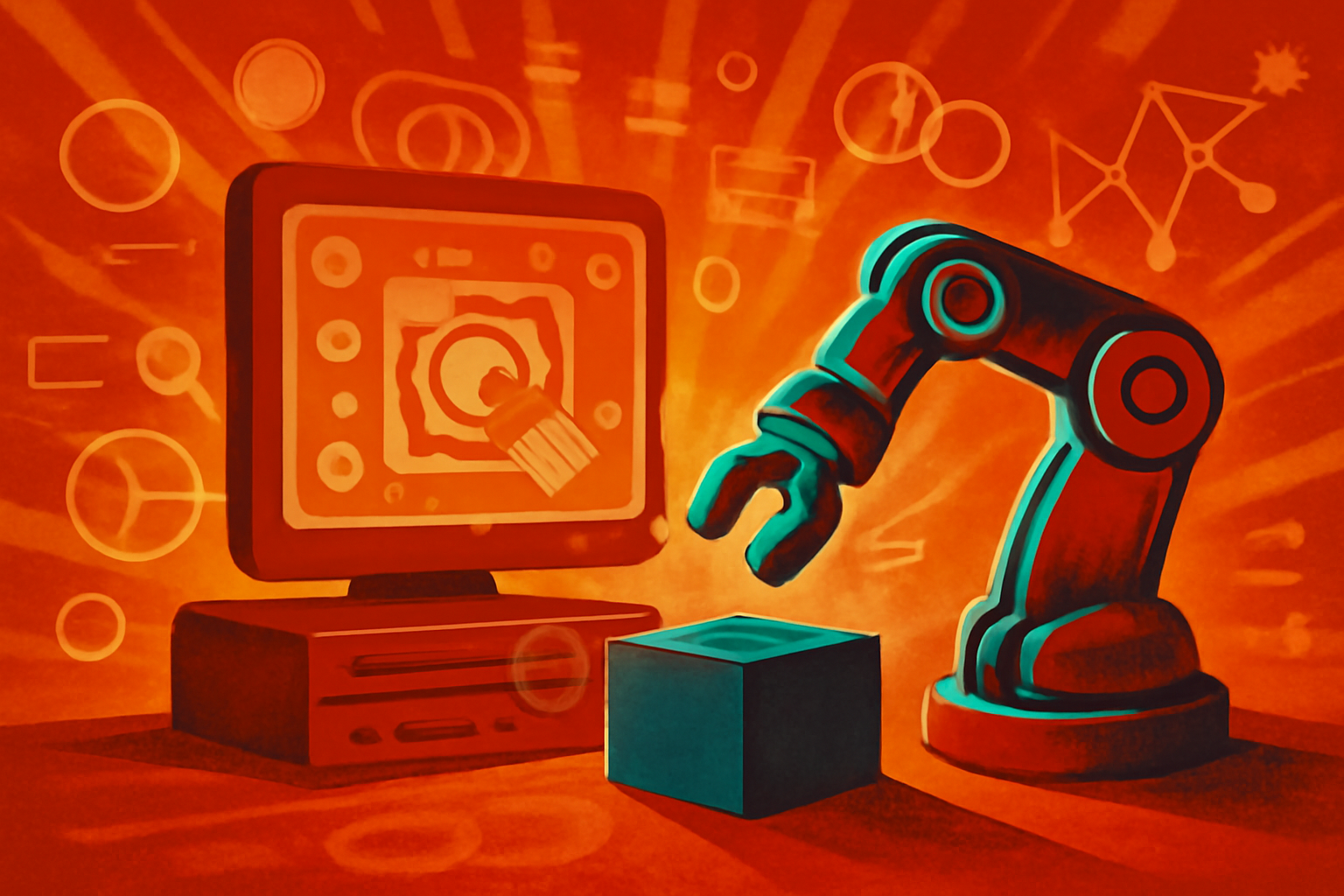 A domestic robot in a living room with a digital mapping overlay highlighting the location of various household objects.