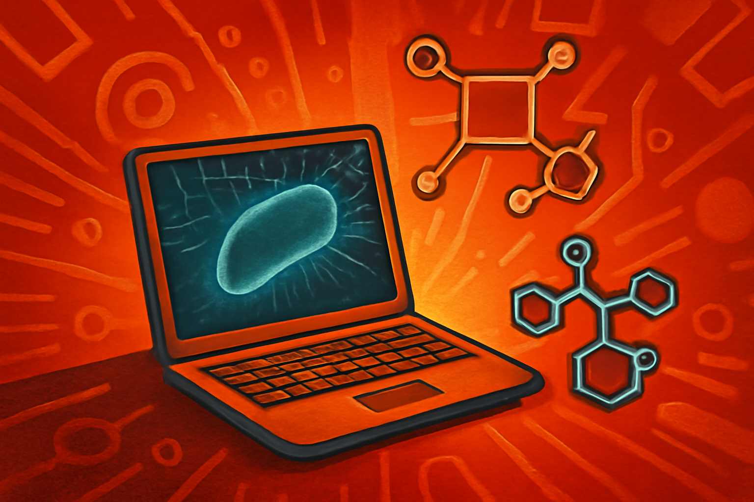 A digital 3D model of a bacterium displayed on a laboratory monitor, representing AI-assisted medical research for new antibiotics.