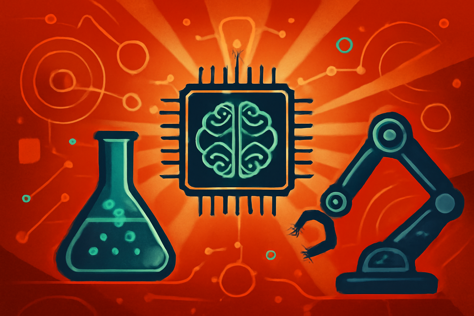 Robotic arms in a modern laboratory setting working with scientific equipment, while digital displays show artificial intelligence data visualizations and molecular models.
