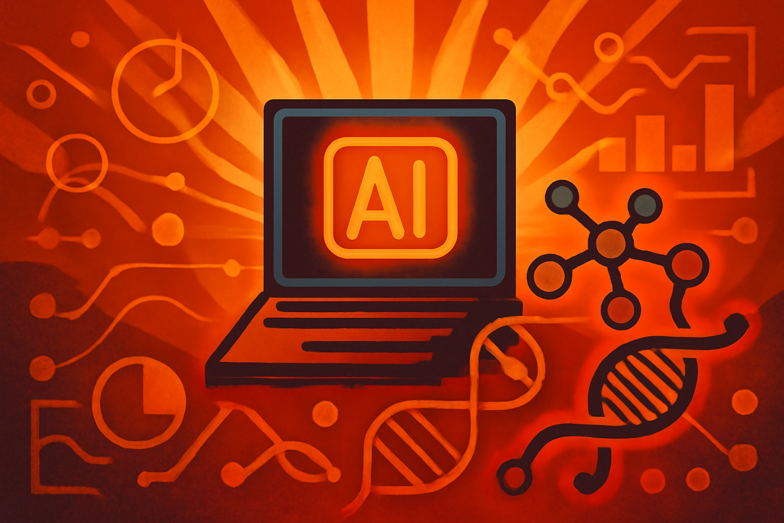 A digital rendering of a 3D biomolecular structure being processed by a glowing AI data visualization on a laboratory computer screen.