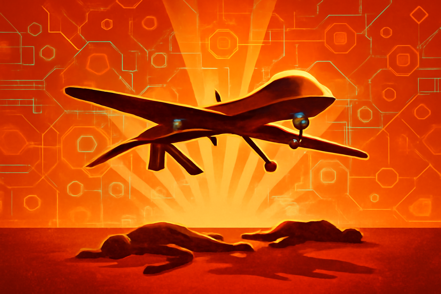 A military-grade autonomous drone flies through a dusty test range during a late-afternoon exercise involving AI-controlled systems.