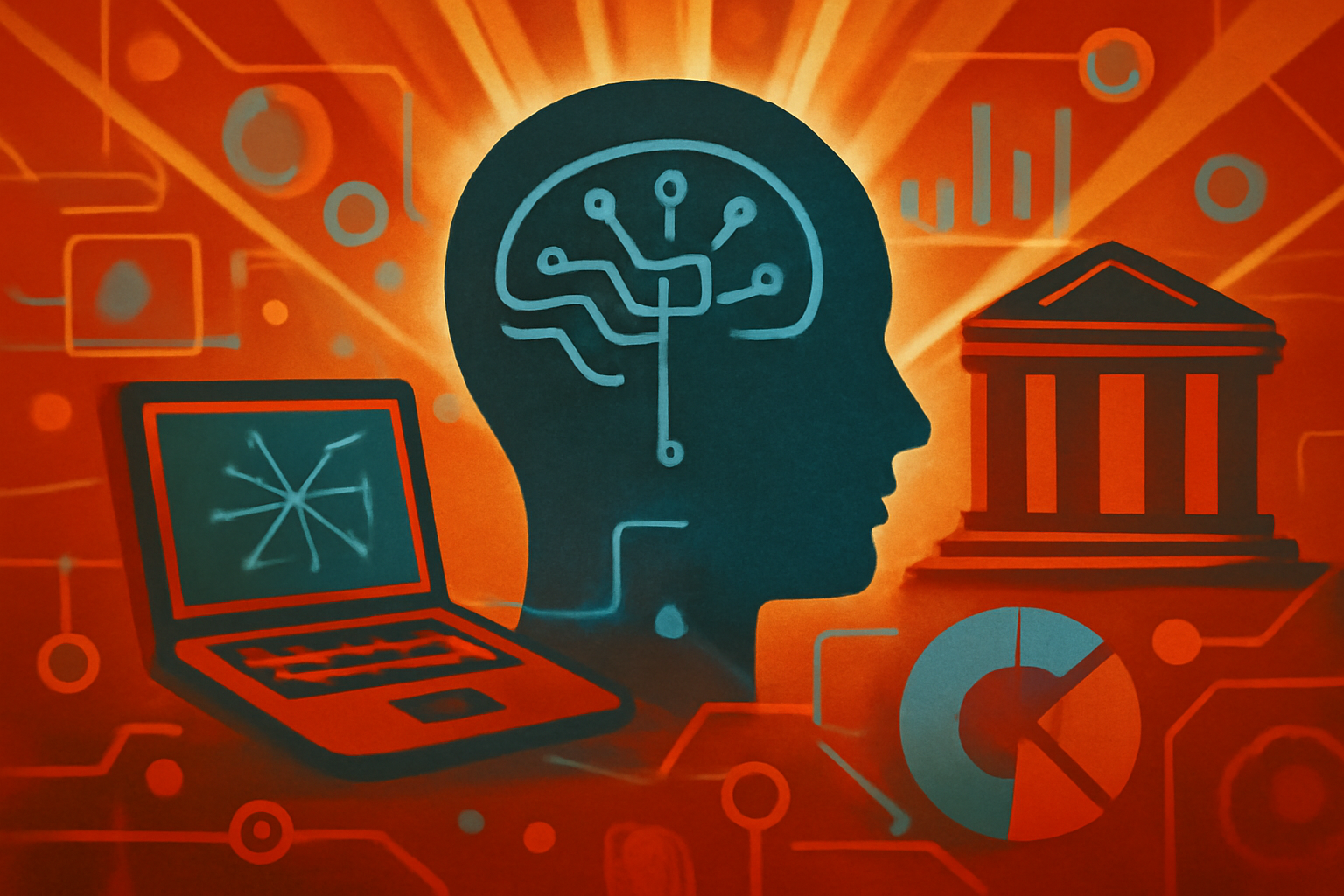 A photograph showing the contrast between advanced digital AI technology and a traditional university classroom setting, illustrating the gap in institutional readiness.