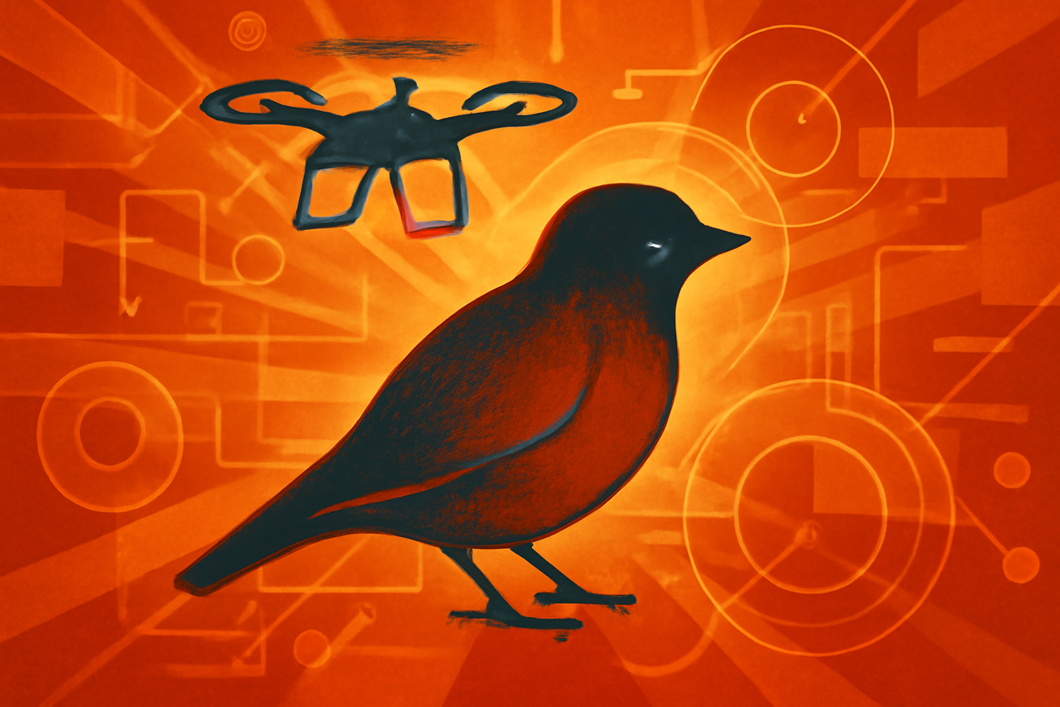 A high-tech drone flying over a lush green forest with digital bounding boxes identifying birds in the canopy.