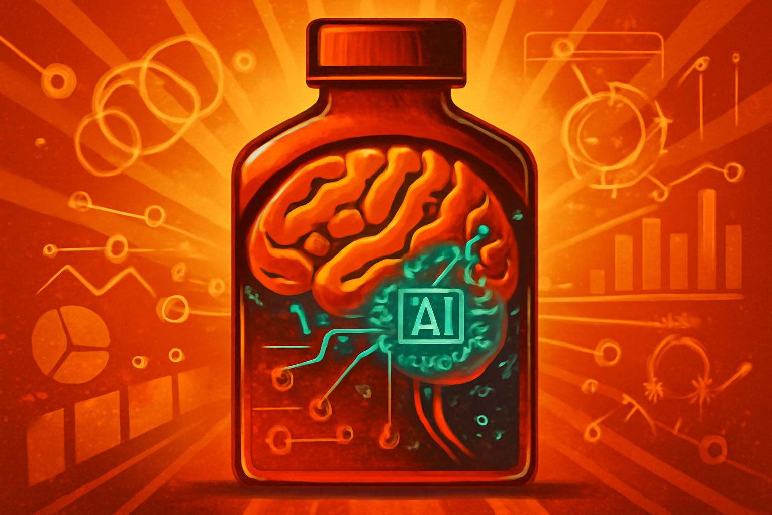 A high-tech laboratory environment showing digital displays of complex molecular structures and pharmaceutical data.