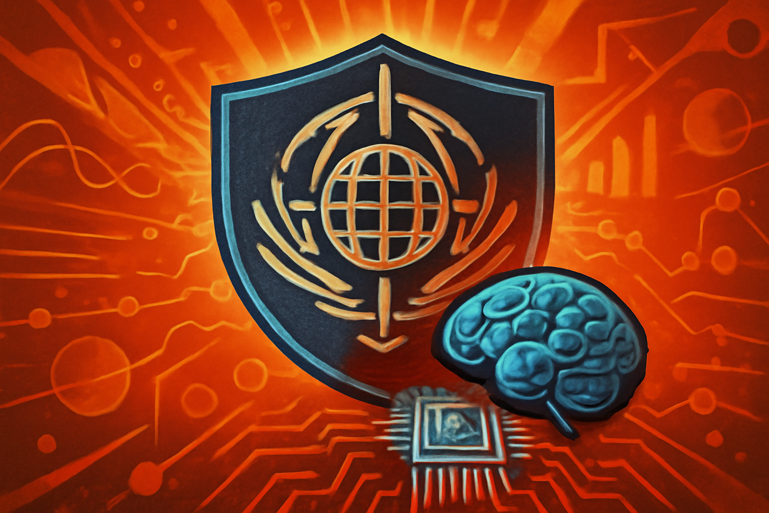A metallic lock overlaying a glowing blue digital neural network, symbolizing national security restrictions on advanced artificial intelligence models.