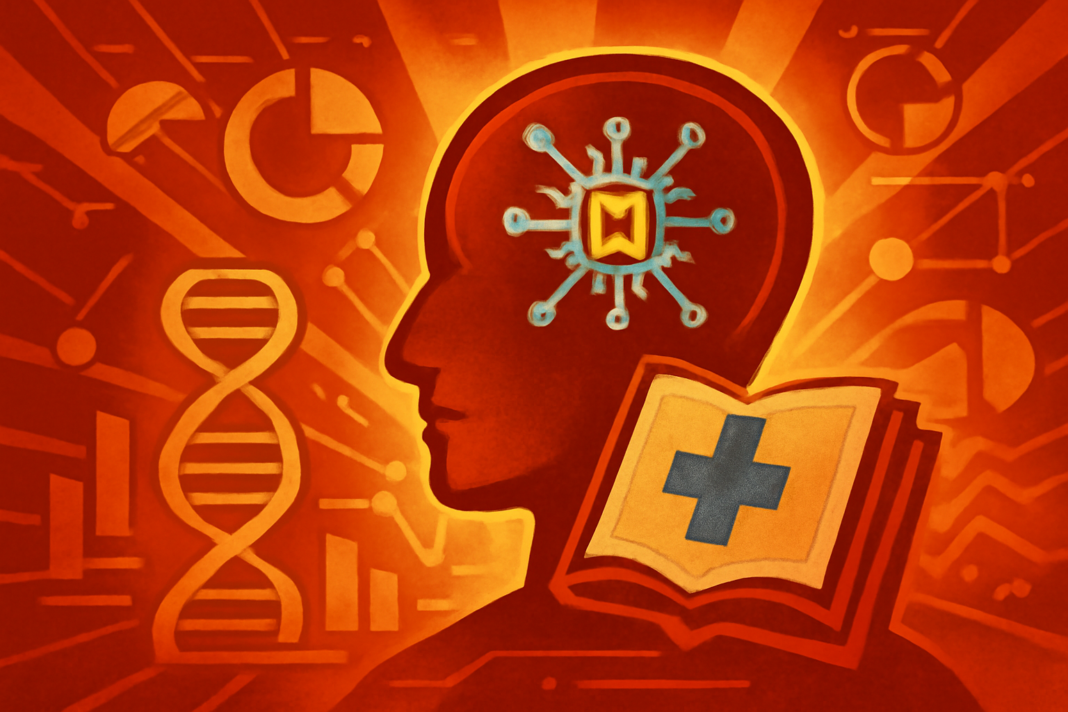 Researchers in a modern laboratory environment working with complex data visualizations on large digital screens representing the intersection of medicine and artificial intelligence.
