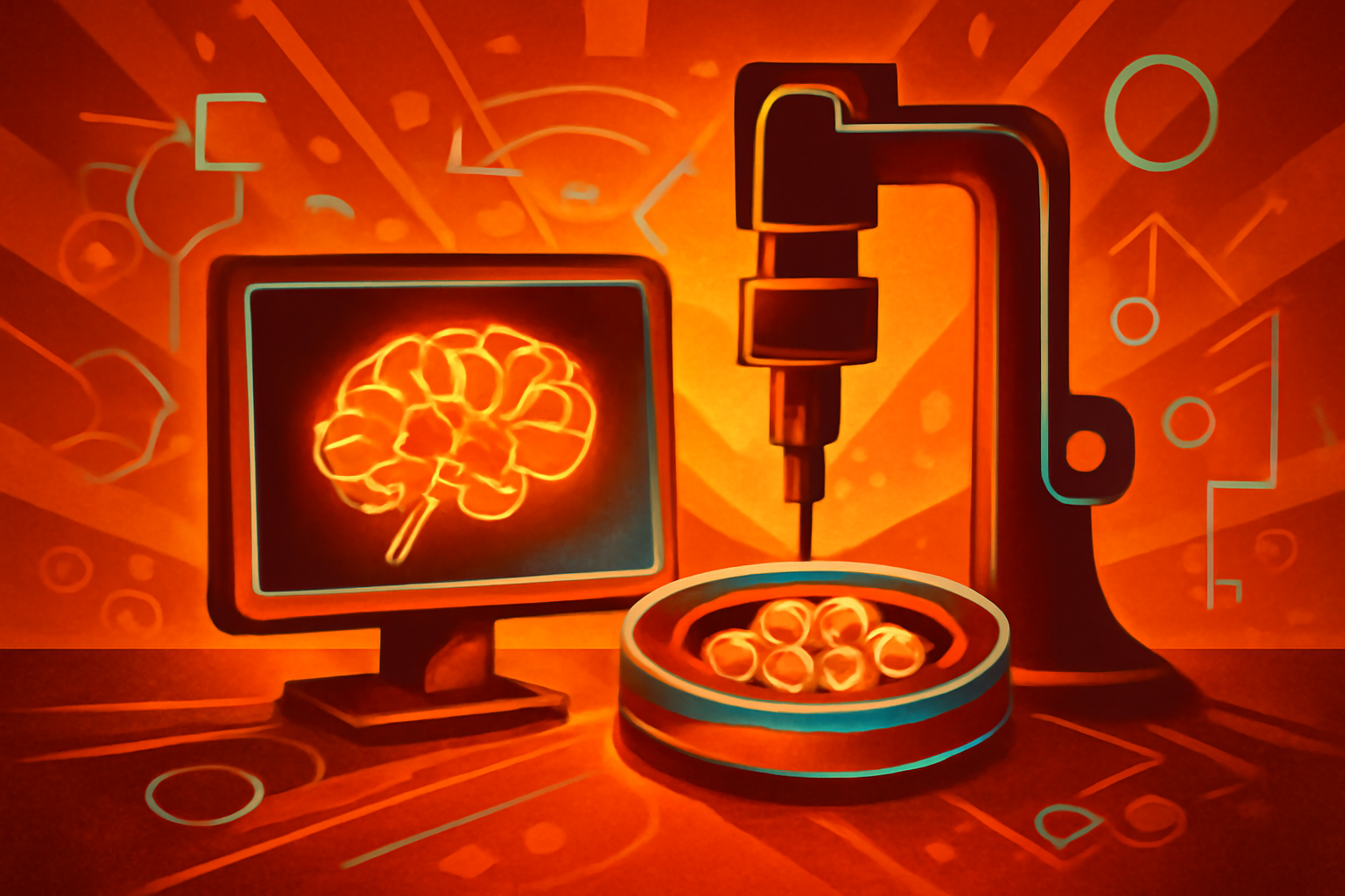 A 3D bioprinter in a sterile laboratory setting generating small cellular structures with digital artificial intelligence interface overlays showing real-time data analysis.