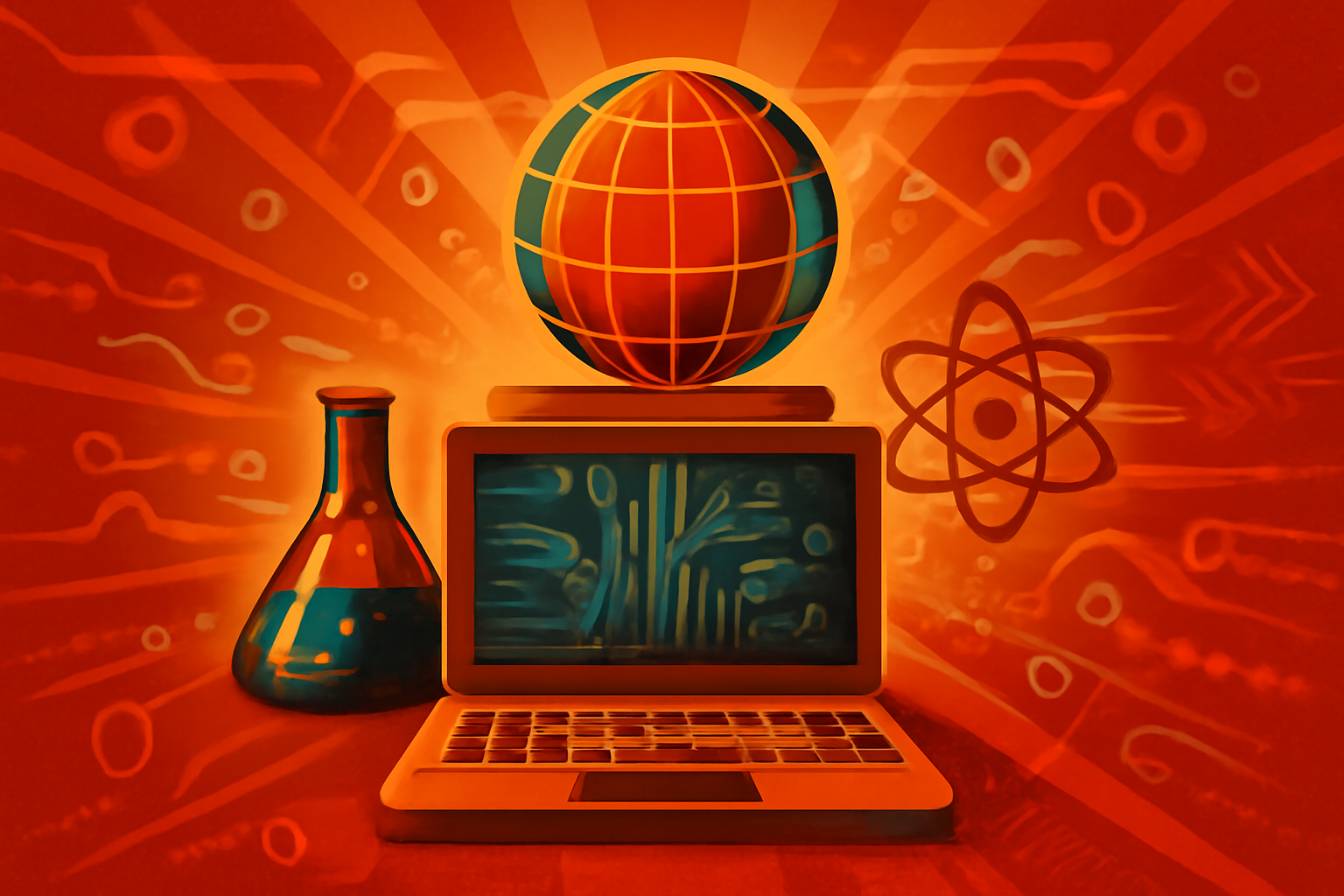 A digital illustration showing glowing data circuits connecting to a green energy turbine and a medical device, symbolizing the fusion of AI with physical systems.