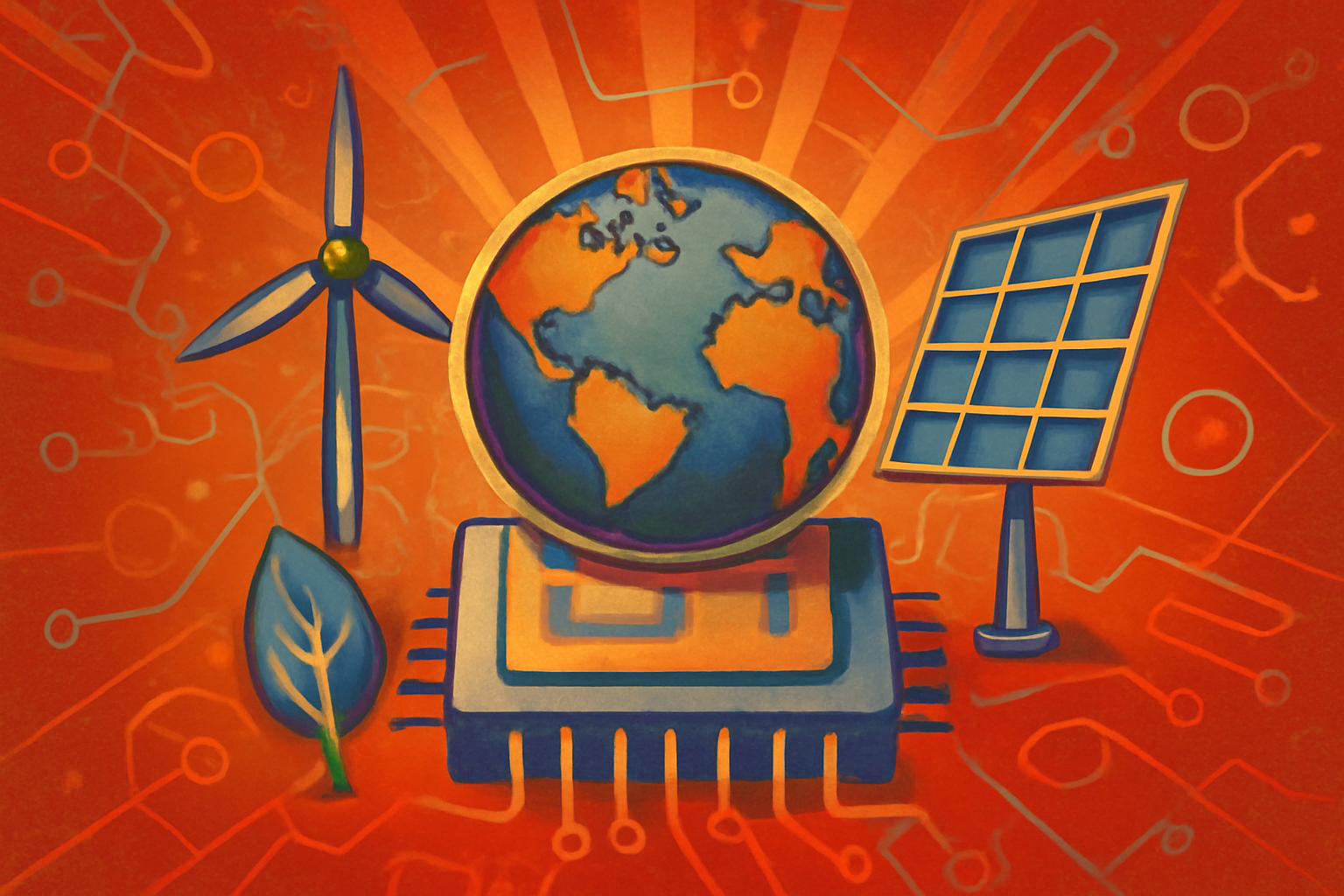 A large-scale data center facility surrounded by wind turbines and solar panels, representing the shift toward renewable energy in the artificial intelligence sector.