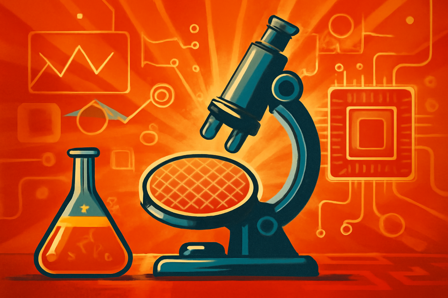 A modern research laboratory where robotic equipment processes semiconductor materials with digital AI data visualizations floating in the background.