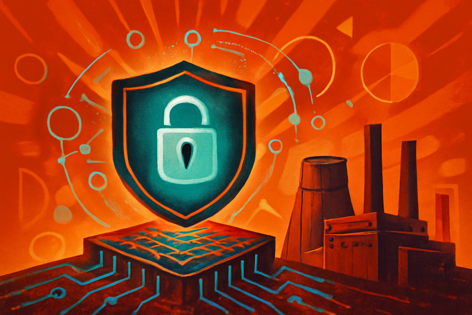 Digital security interface displaying data patterns over a stylized industrial facility representing critical infrastructure.