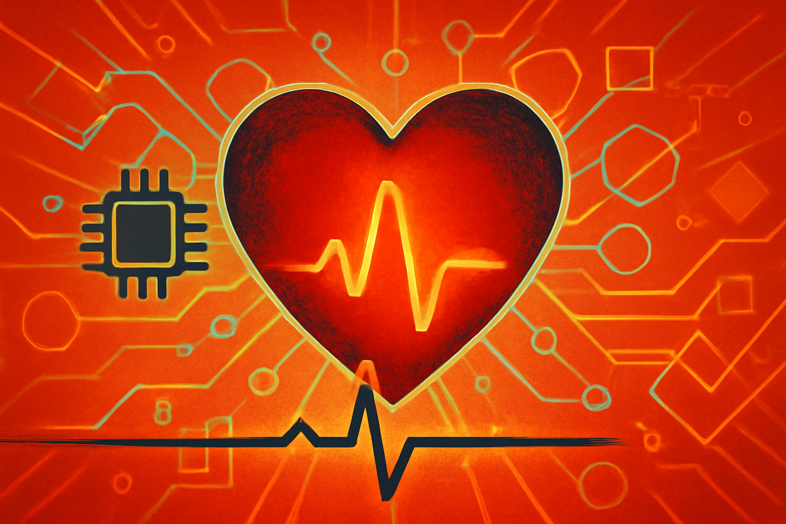 A digital heart rate monitor displaying a glowing blue ECG wave with abstract data points and neural network lines overlaying the electrical signals.