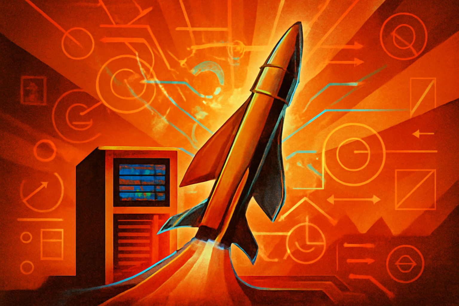 A conceptual digital rendering of a sleek flight test vehicle surrounded by AI data visualizations in a high-tech lab.