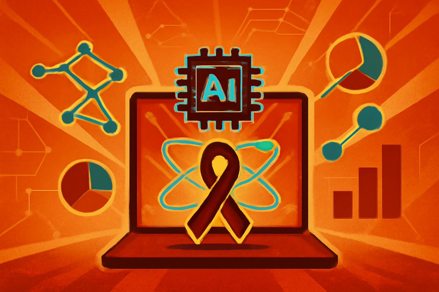 A conceptual digital illustration of a DNA strand intertwined with glowing quantum wave patterns and circuit lines, representing advanced cancer research technology.