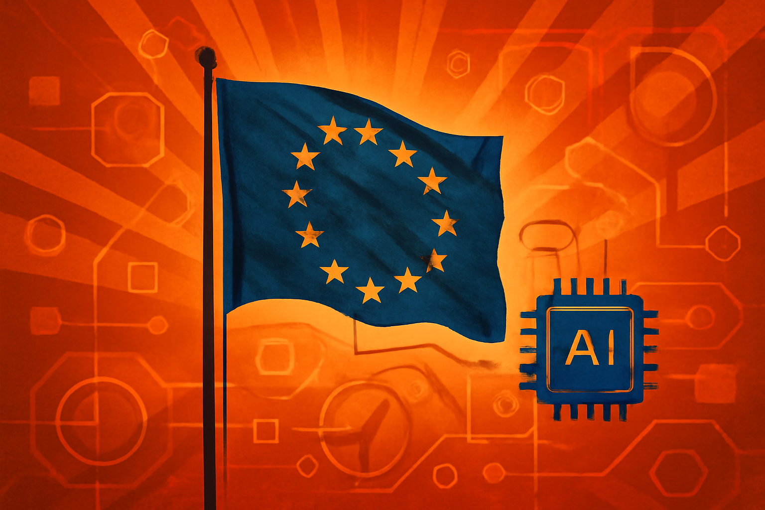 A professional meeting room featuring the EU and US flags positioned next to a large digital screen showing an abstract glowing neural network graphic.