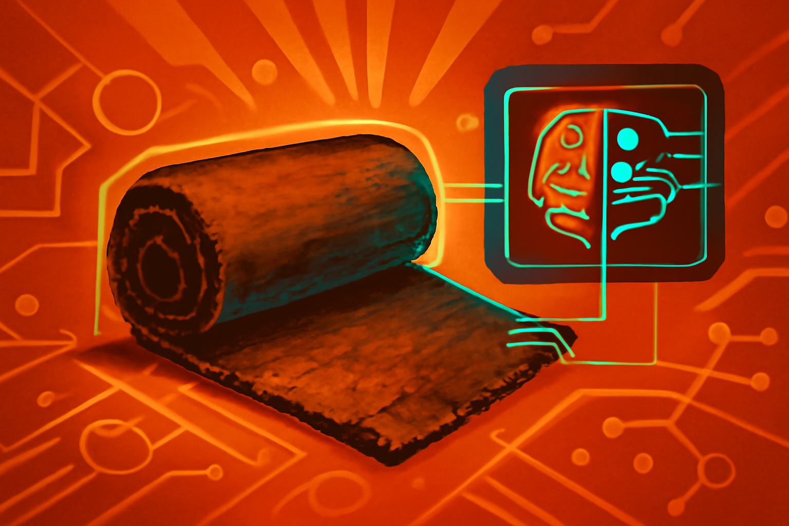 A charred, black ancient Roman scroll sits on a laboratory platform while a blue light scan passes over it, with digital ancient text appearing on a nearby screen.