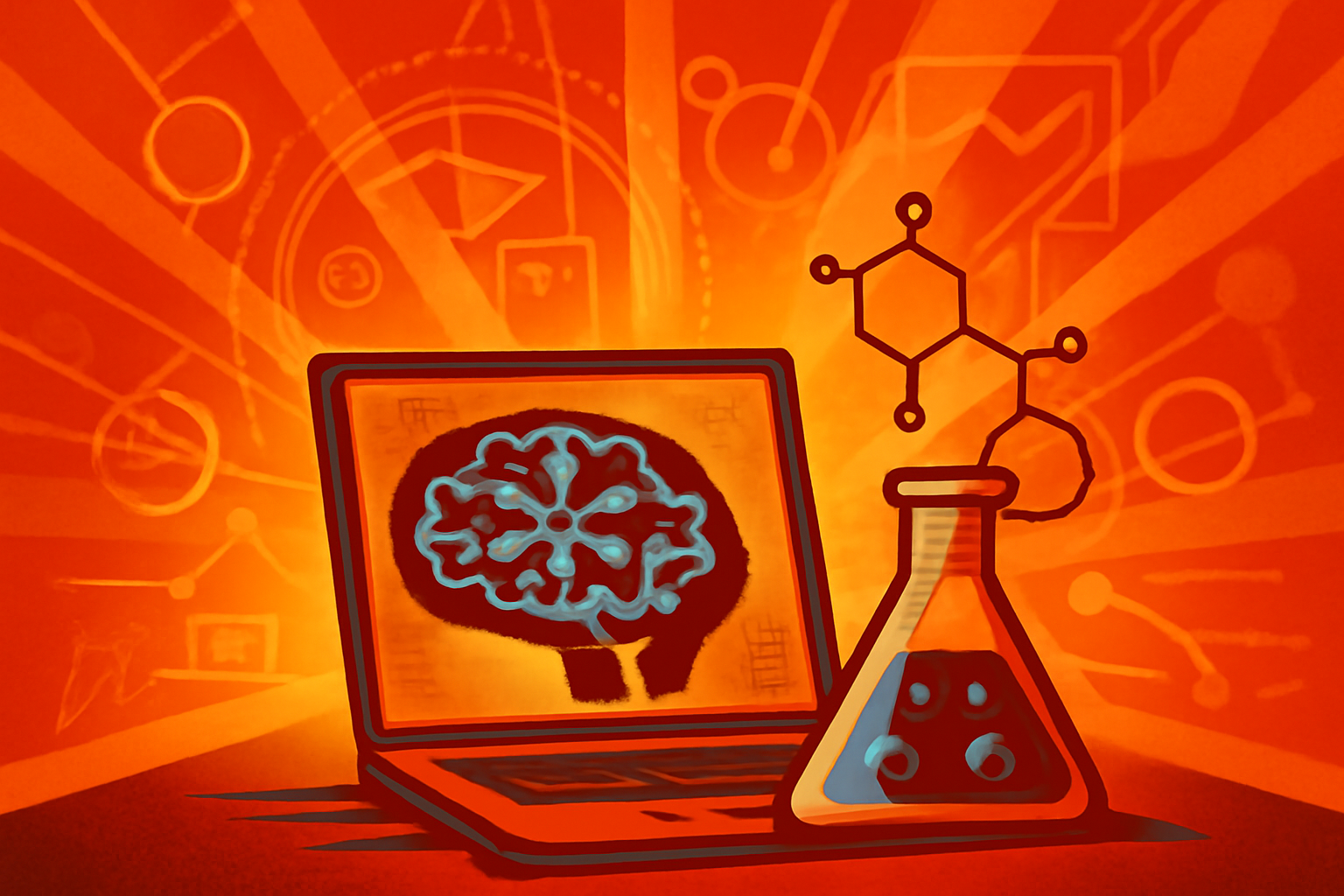 A modern chemistry laboratory with a large digital display showing molecular structures and data, symbolizing AI-driven drug discovery.