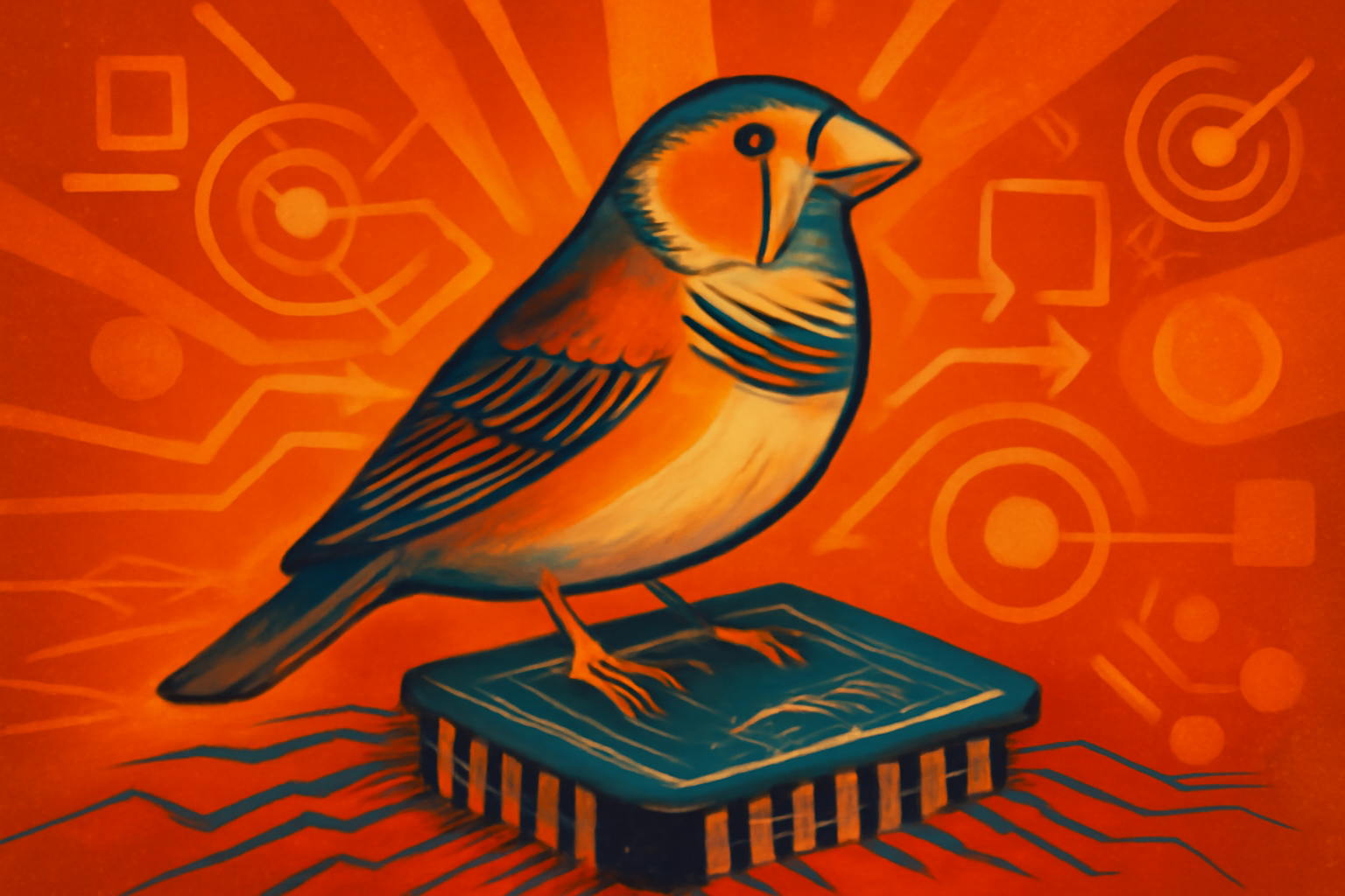 A small zebra finch bird perched on a wooden branch with stylized digital sound frequency waves in the background.