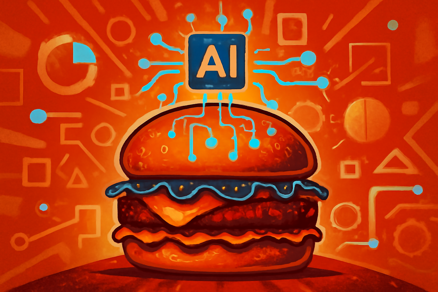 A gourmet burger on a plate in a laboratory setting with computer screens displaying data visualizations in the background.