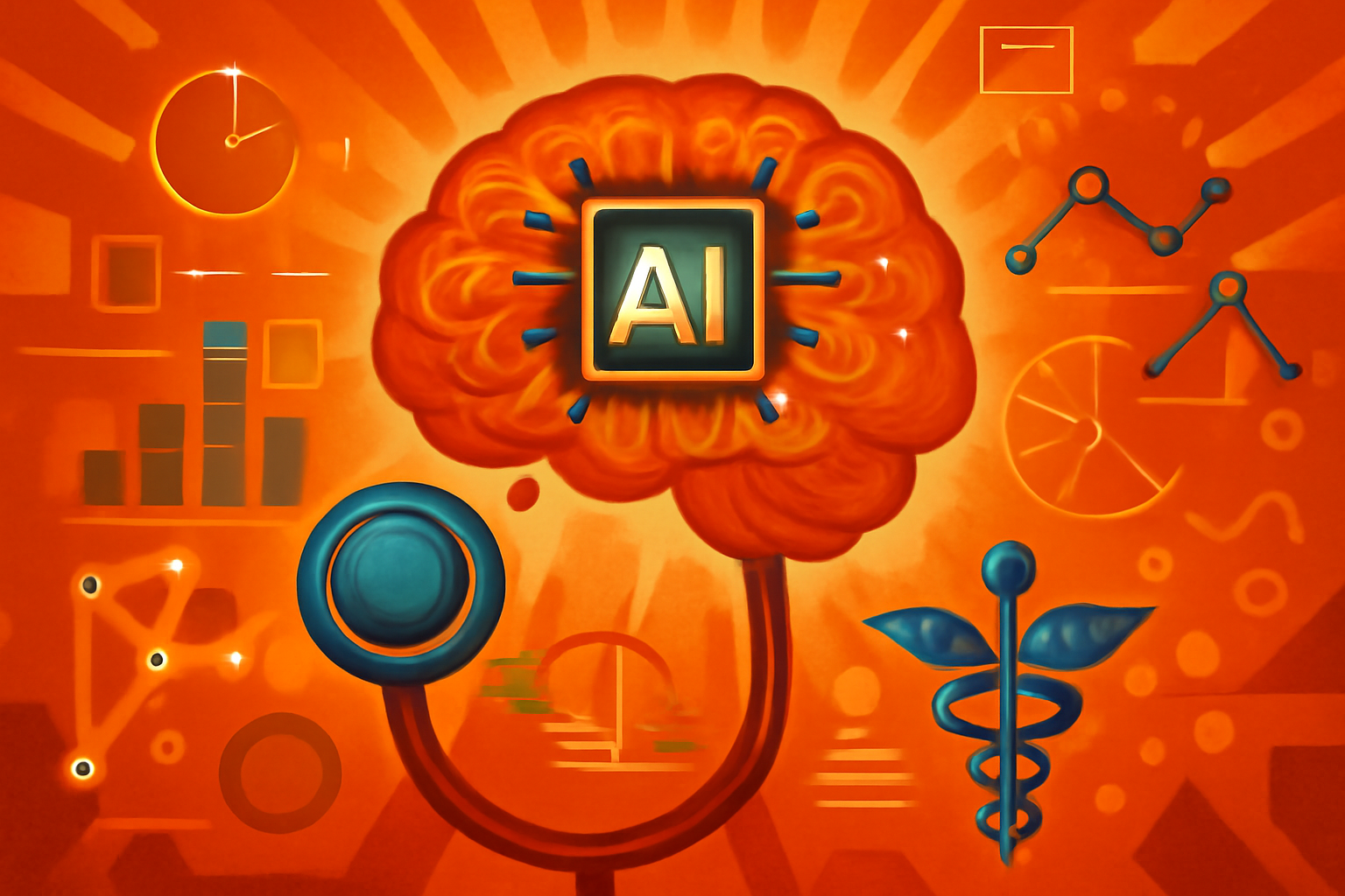 A modern medical conference setting featuring large digital displays of AI-driven cancer research and a group of oncologists observing a clinical presentation.