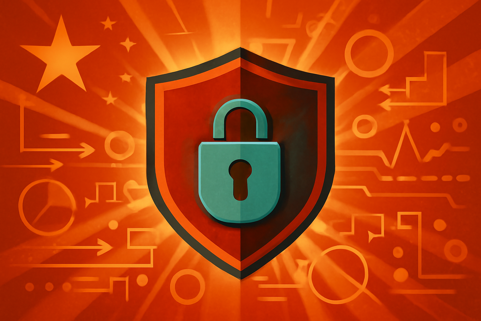 A stylized digital illustration of a glowing shield protecting a network grid, representing Chinese AI cybersecurity advancements.