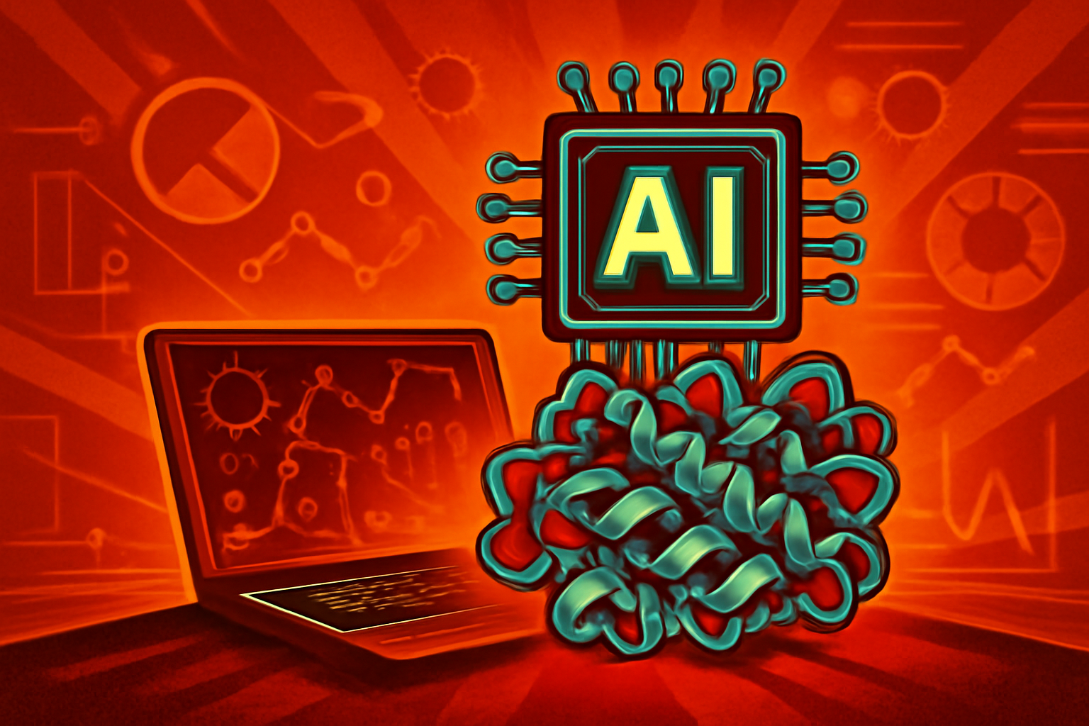 A digital visualization of a complex protein structure on a screen in a modern university science laboratory.