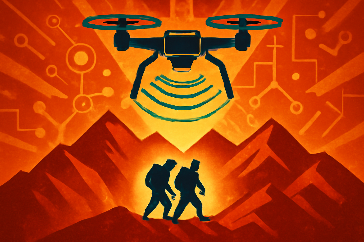 An emergency response drone flies over the rugged, forested terrain of Kosciuszko National Park during a twilight search and rescue operation.