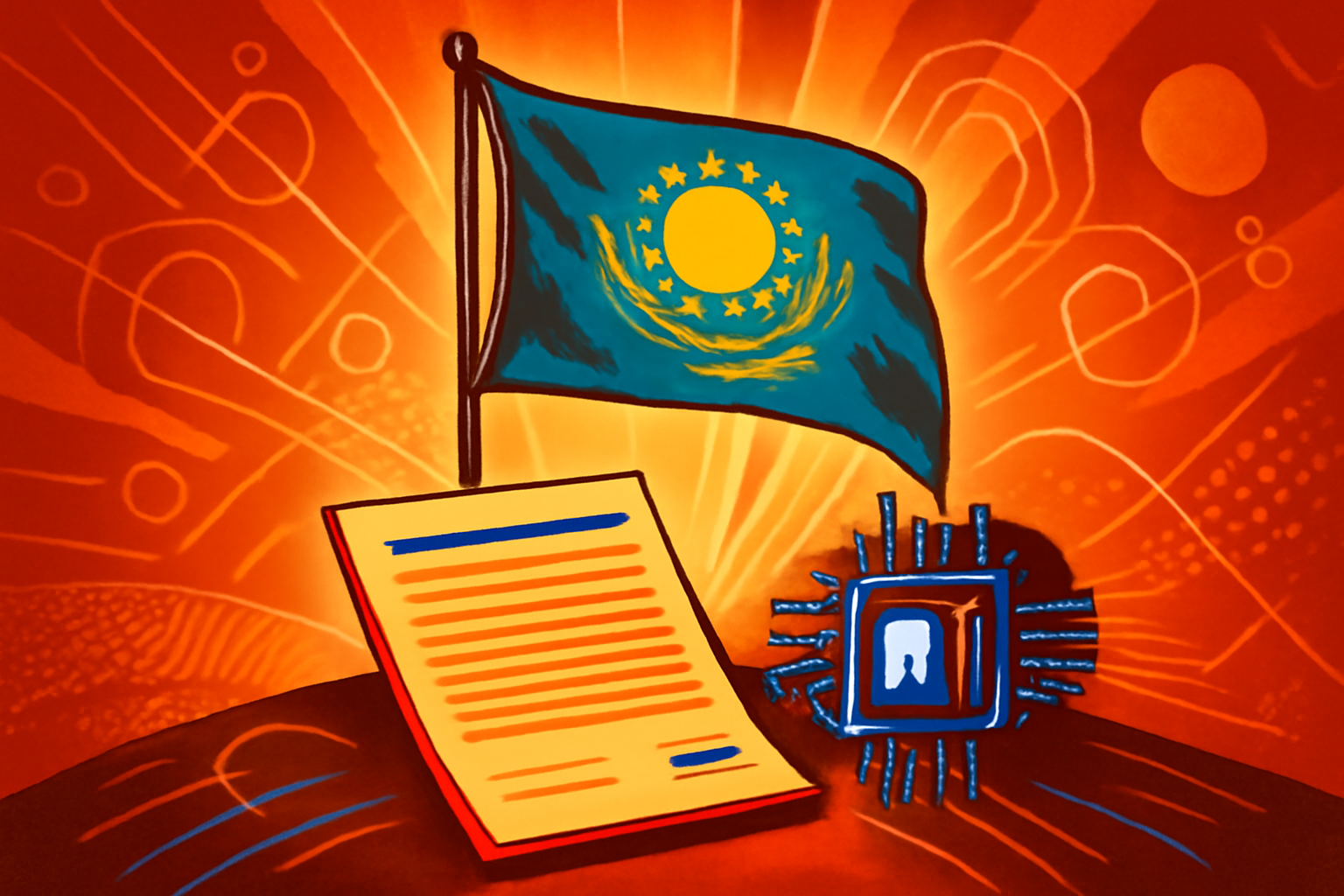 A digital map of Kazakhstan featuring blue glowing circuit lines and data nodes to represent artificial intelligence infrastructure and global connectivity.