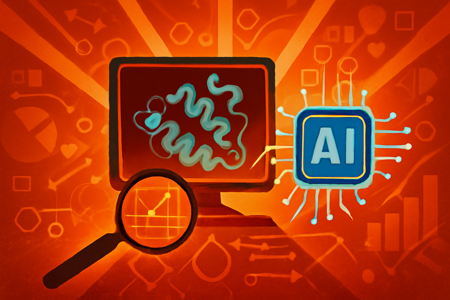 A detailed 3D visualization of a protein structure on a computer screen, featuring data overlays and scientific measurement points used in AI modeling.