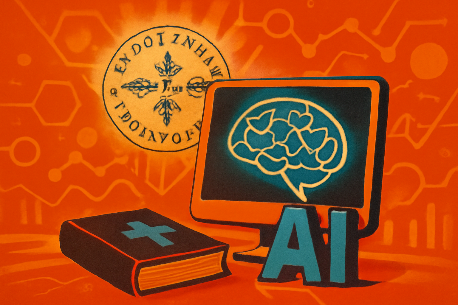 Medical researchers in a modern laboratory looking at a computer screen showing AI neural network data and medical scans.