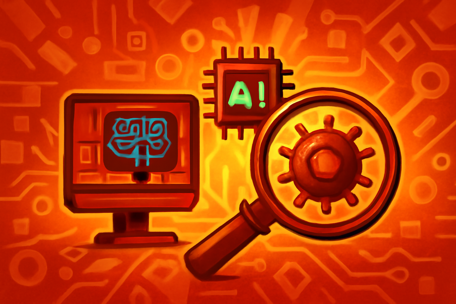 A laboratory computer screen displays complex molecular structures and data visualizations used in AI-driven cancer research.