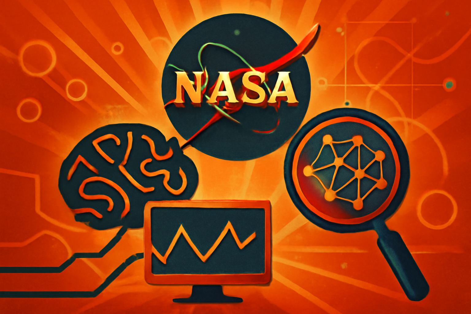 A digital screen in a NASA research facility showing the agency logo alongside a visualization of an AI neural network and data clusters.