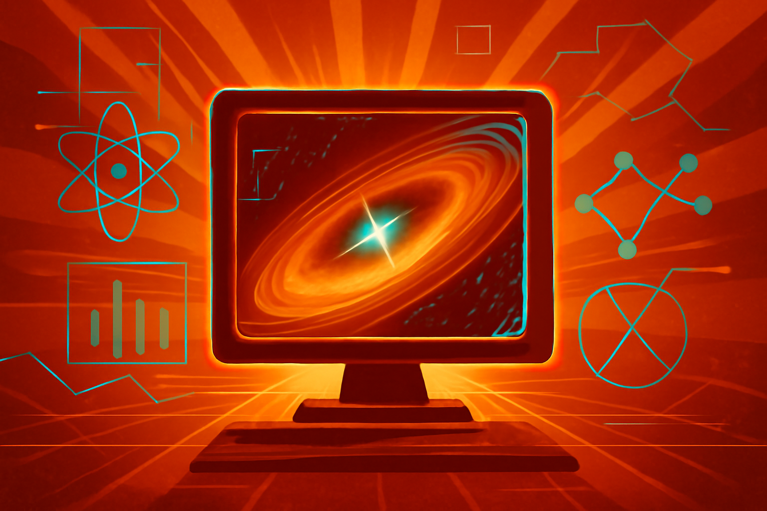 A digital illustration showing a bright supernova in a spiral galaxy with translucent AI data overlays and connectivity nodes mapping the light.