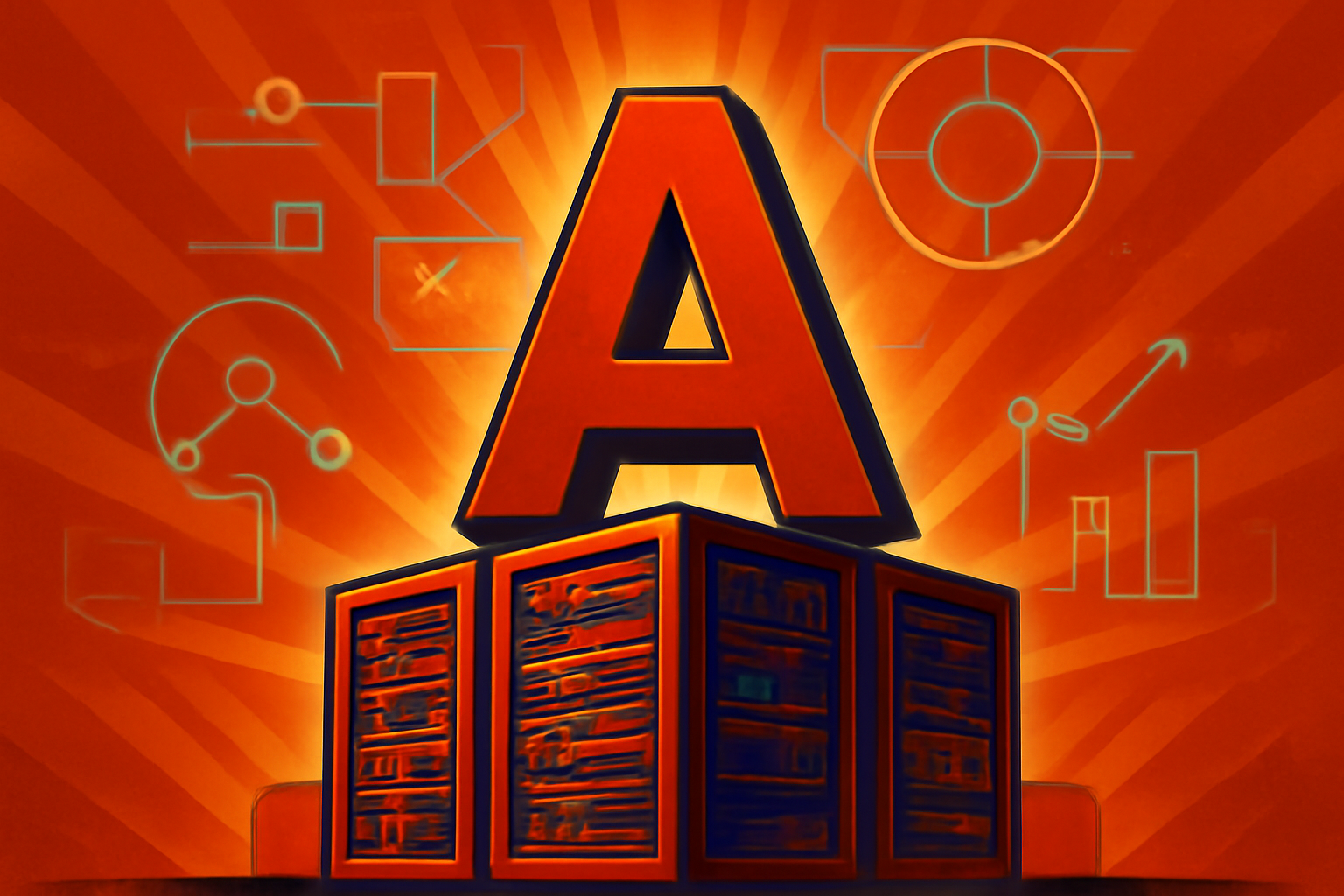 A futuristic data center interior with rows of glowing server racks, symbolizing Alphabet's investment in AI infrastructure.