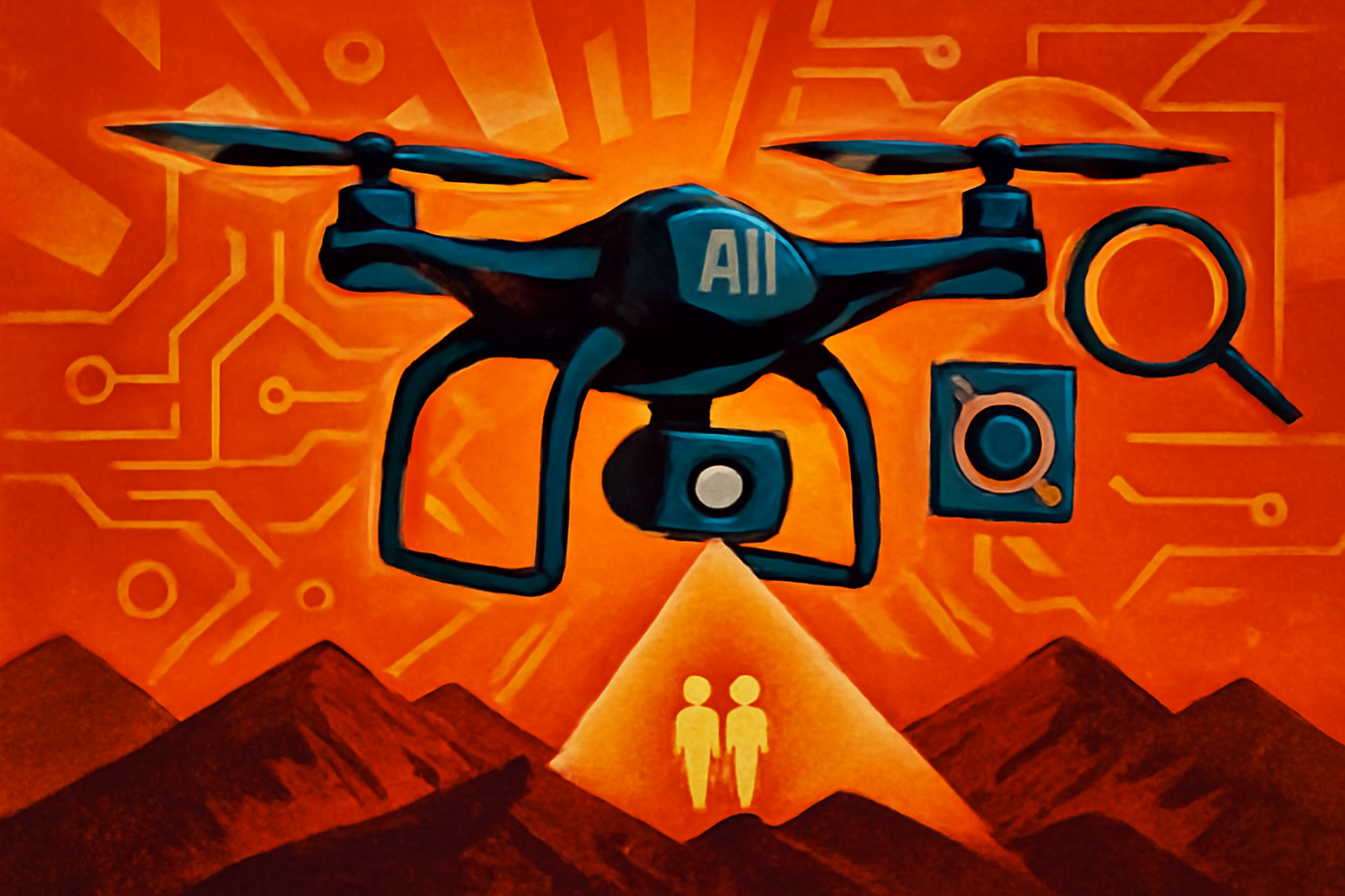 A high-tech thermal-imaging drone hovering over the dense green forests and rugged terrain of Kosciuszko National Park during a rescue mission.