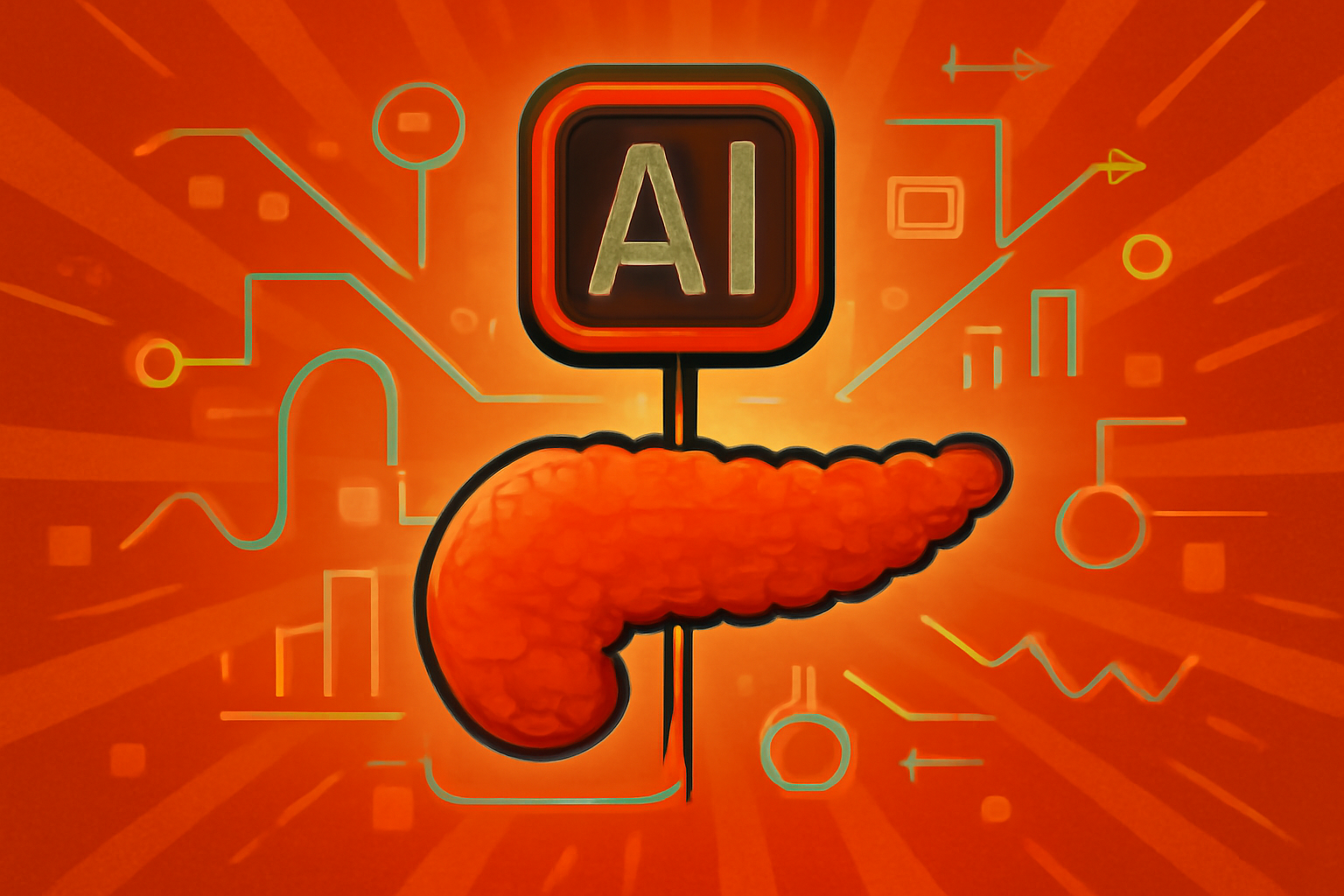 A digital display showing a medical scan of a pancreas with AI data overlays in a professional laboratory setting.