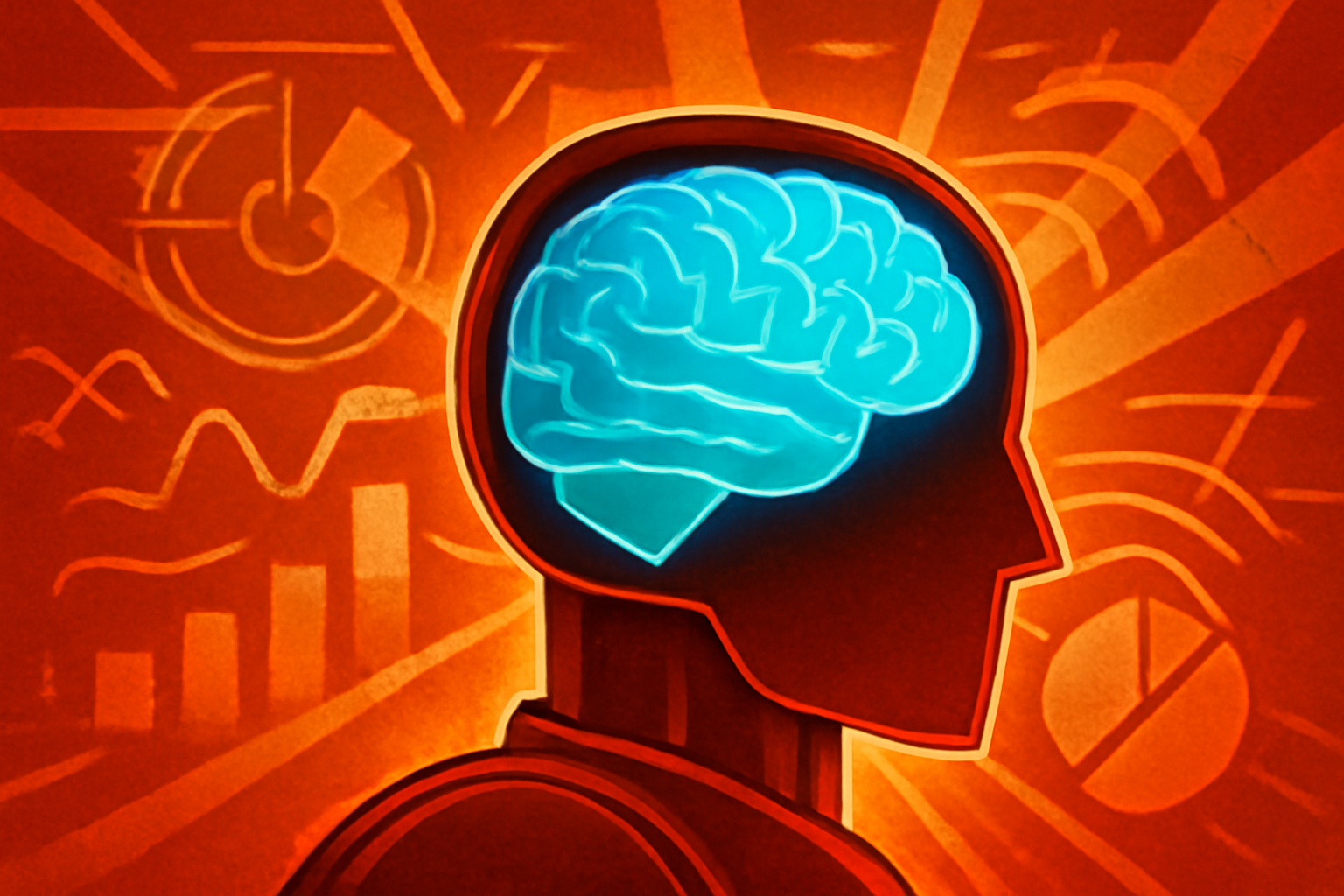 A modern laboratory with digital screens displaying brain-wave patterns and AI data visualizations.