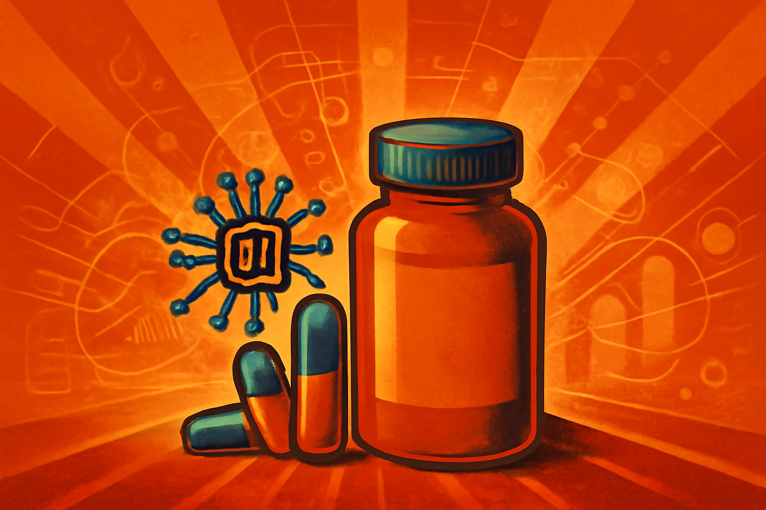 A high-tech pharmaceutical lab showing a digital overlay of molecular structures over medical equipment.