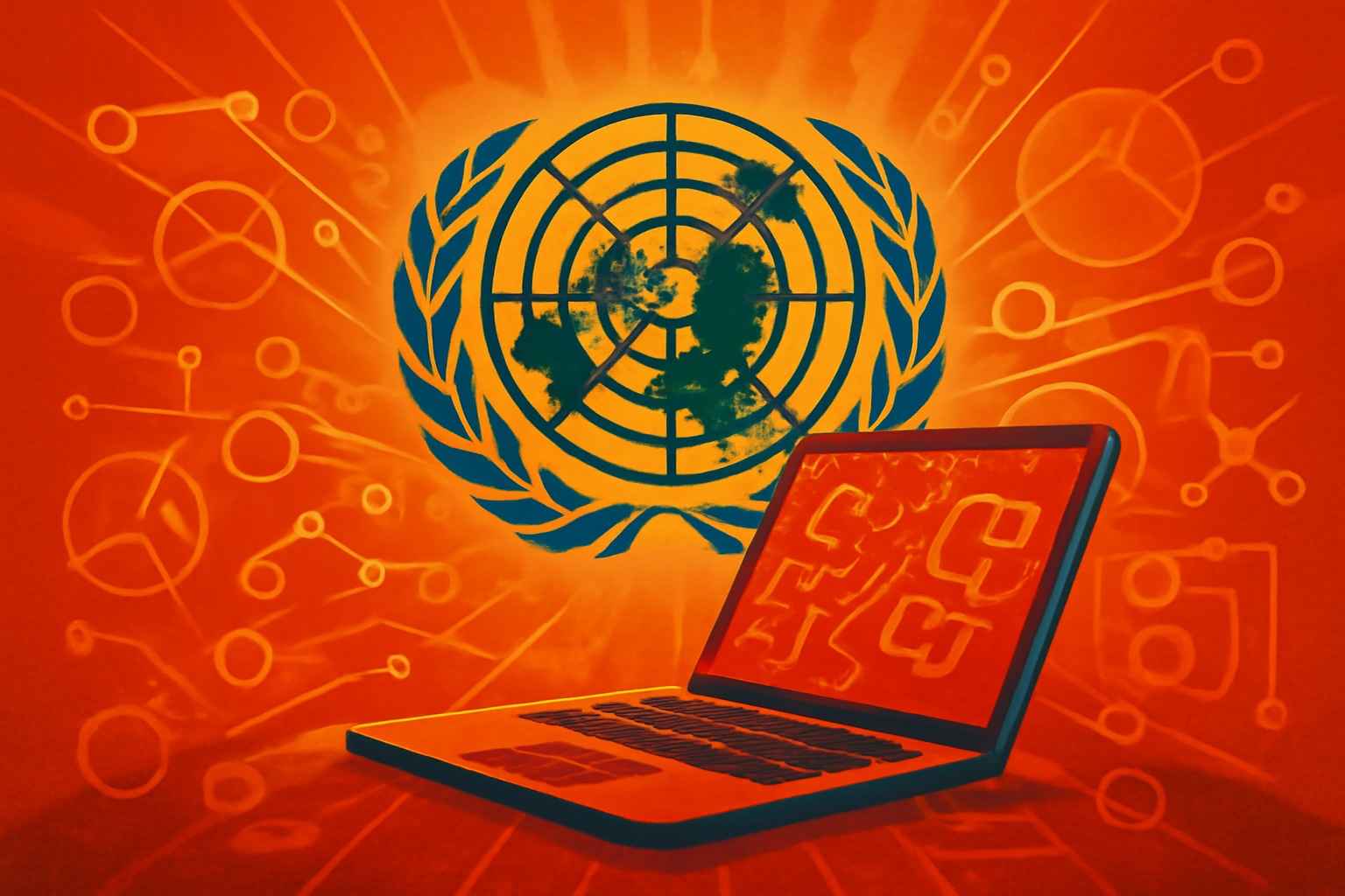 The United Nations General Assembly hall with a digital network graphic overlaid on the main screen, symbolizing the global scientific assessment of artificial intelligence.